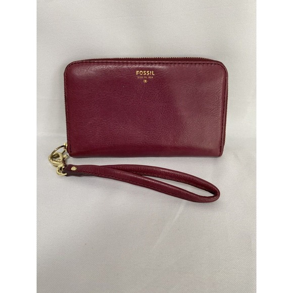 Fossil Maroon/Pink/Orange‎ Leather Small Zip Around Wallet Wristlet 6.25"x4" - Picture 1 of 13